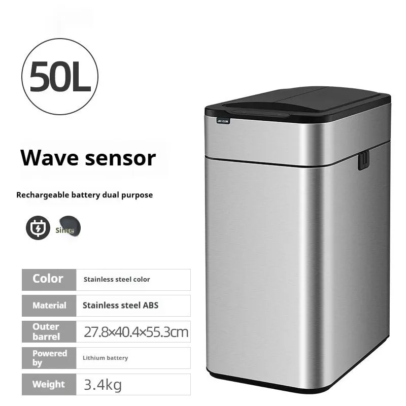 Stainless steel smart inductive trash can with square shape and automatic lid.