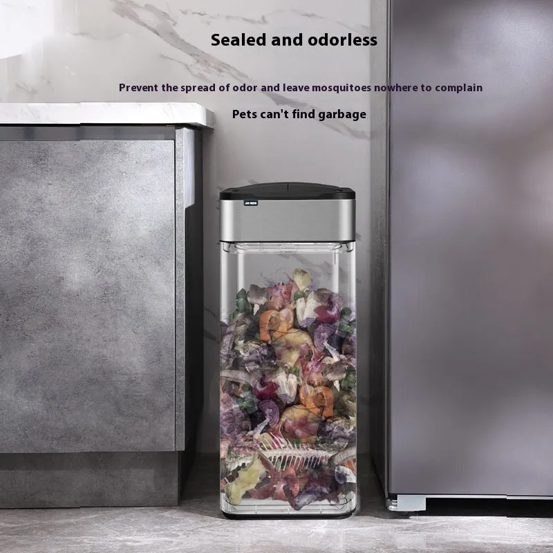 Stainless steel smart inductive trash can with square shape and automatic lid.