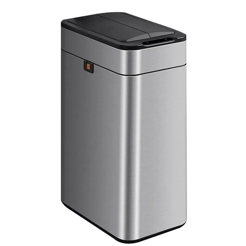 Stainless steel smart inductive trash can with square shape and automatic lid.