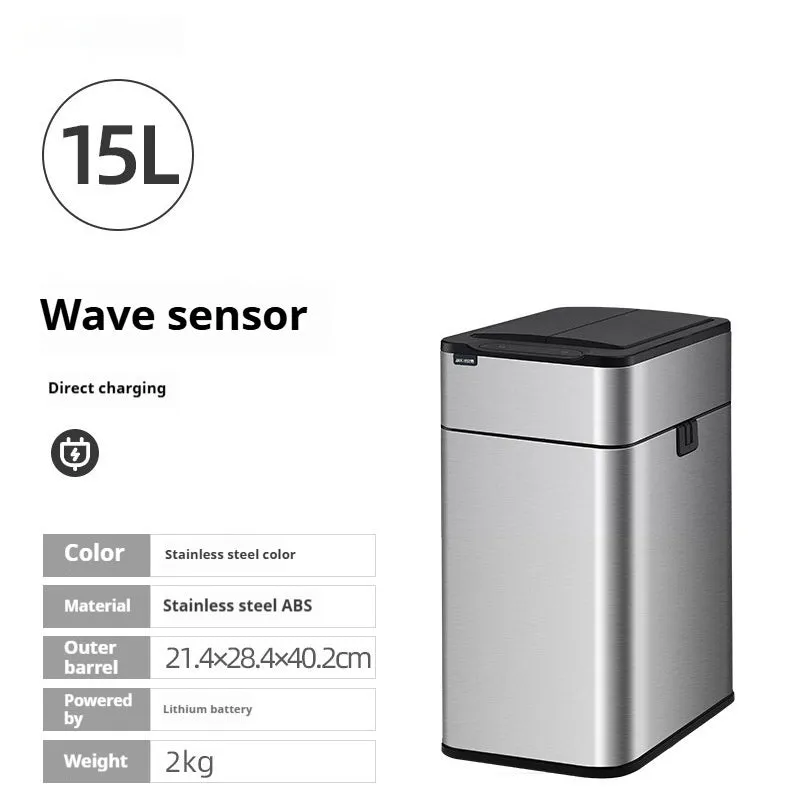 Stainless steel smart inductive trash can with square shape and automatic lid.