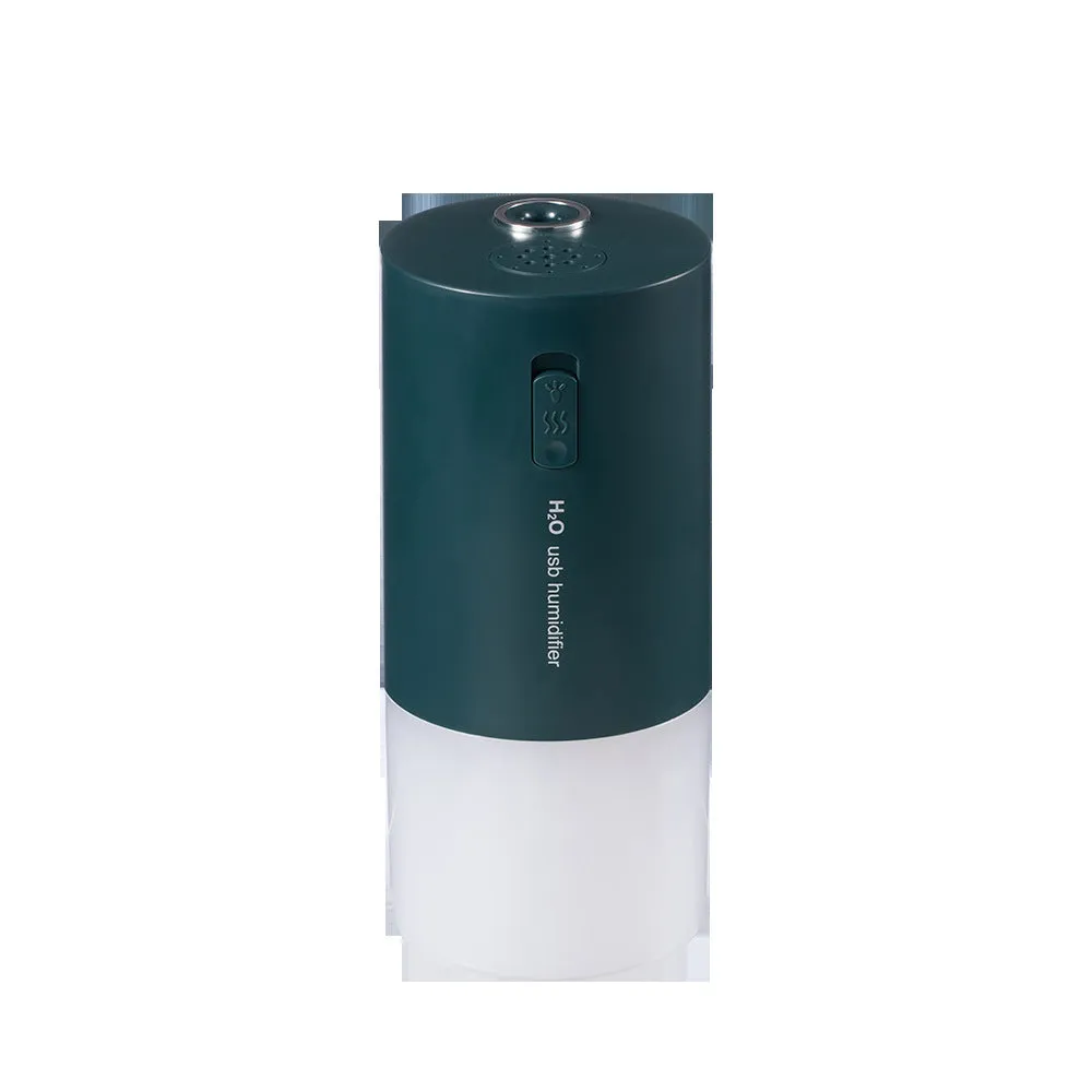 Blue columnar desktop humidifier with USB cable and water tank