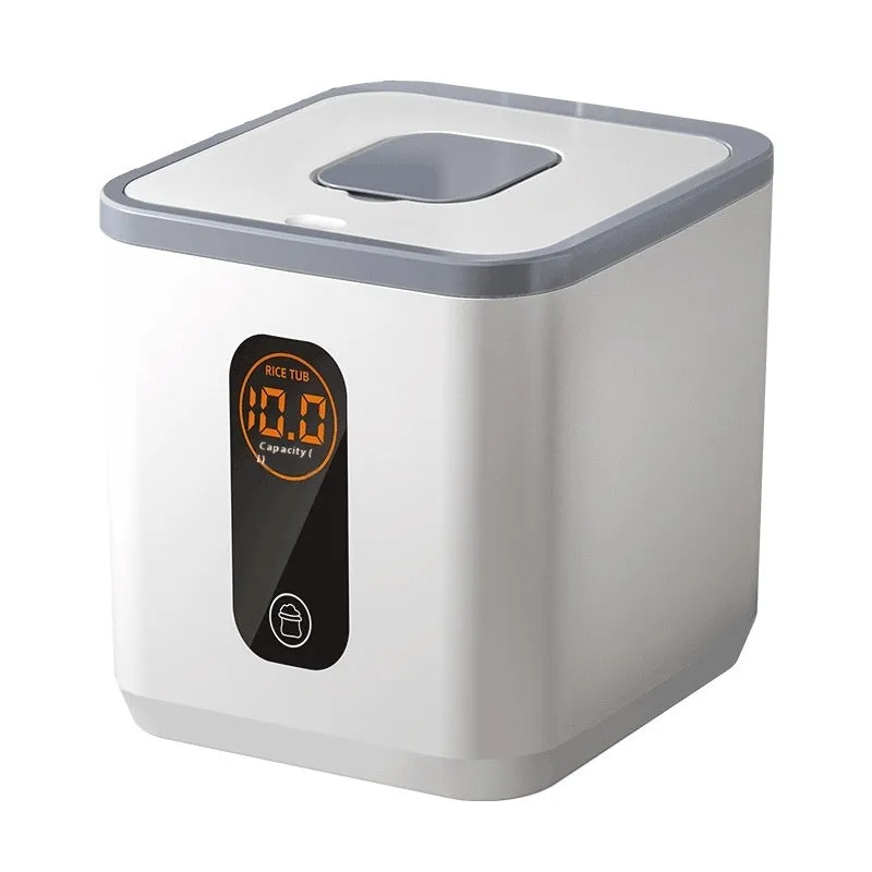 Grey plastic sealed rice storage jar with lid and measuring cup in 10kg, 20kg, or 30kg size.