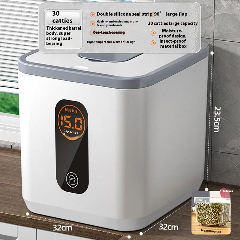 Grey plastic sealed rice storage jar with lid and measuring cup in 10kg, 20kg, or 30kg size.