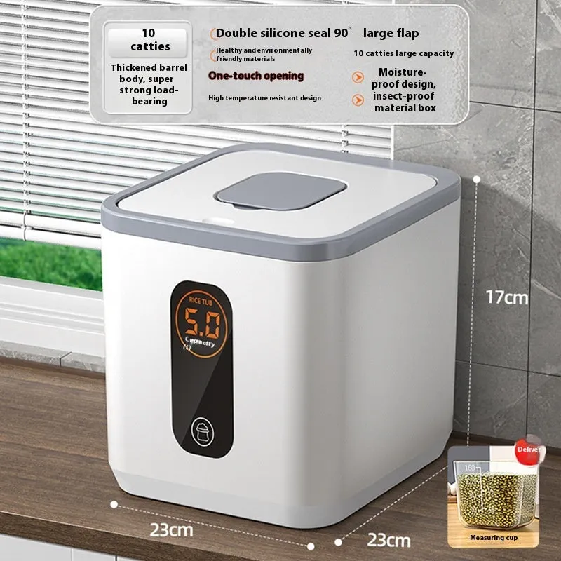 Grey plastic sealed rice storage jar with lid and measuring cup in 10kg, 20kg, or 30kg size.