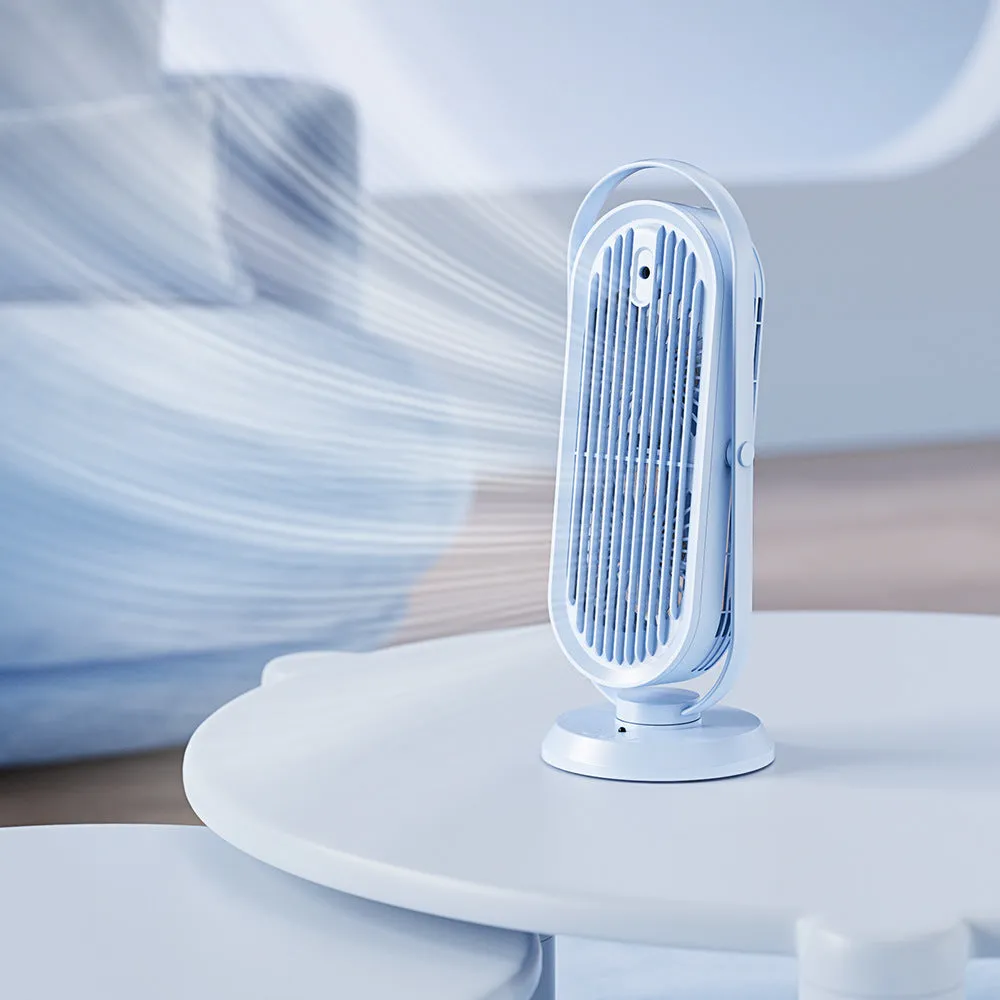 USB tower fan in dark blue with remote control on a desktop