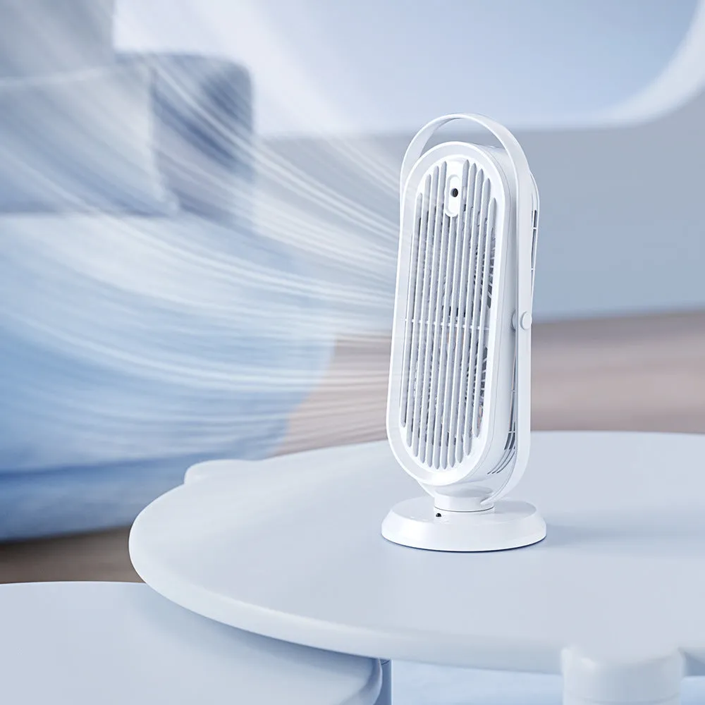 USB tower fan in dark blue with remote control on a desktop