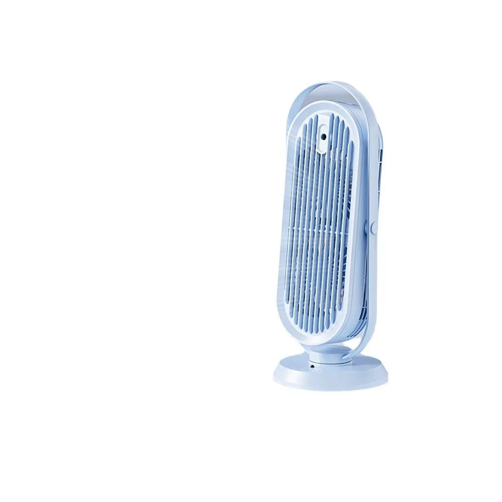USB tower fan in dark blue with remote control on a desktop