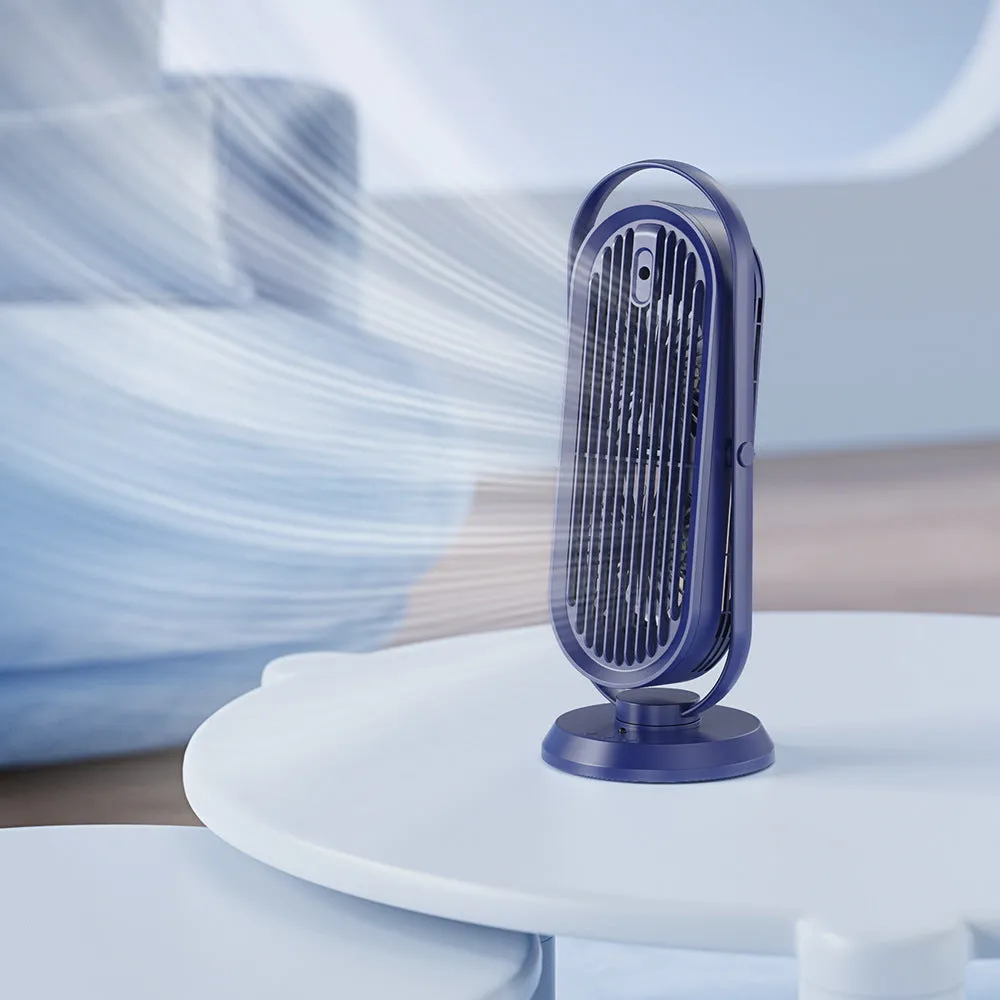 USB tower fan in dark blue with remote control on a desktop