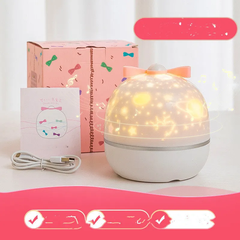 Rechargeable rotating starry projector light showing galaxy projection on a ceiling, available in six colour and style options.