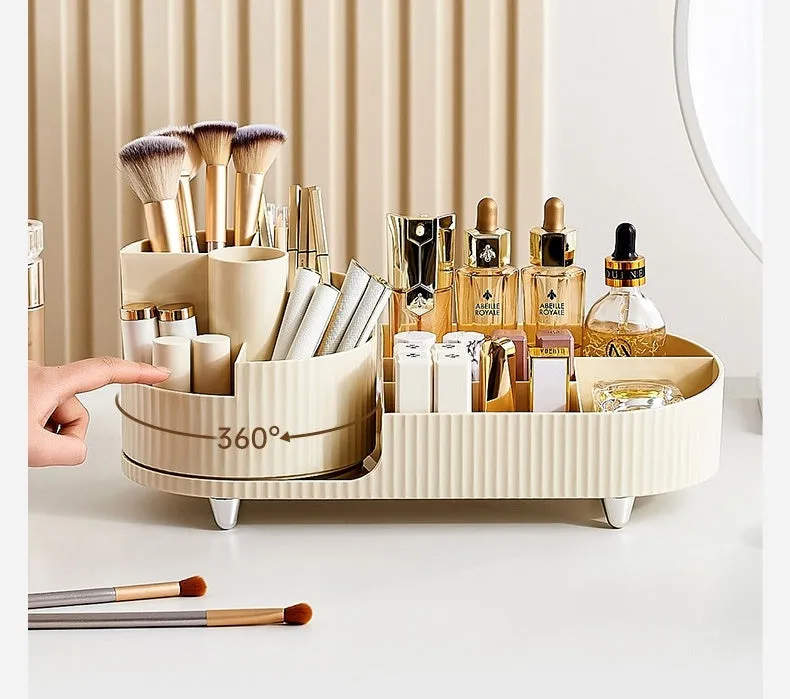 Rotating cosmetics storage box organiser for makeup brushes and cosmetics on dresser table