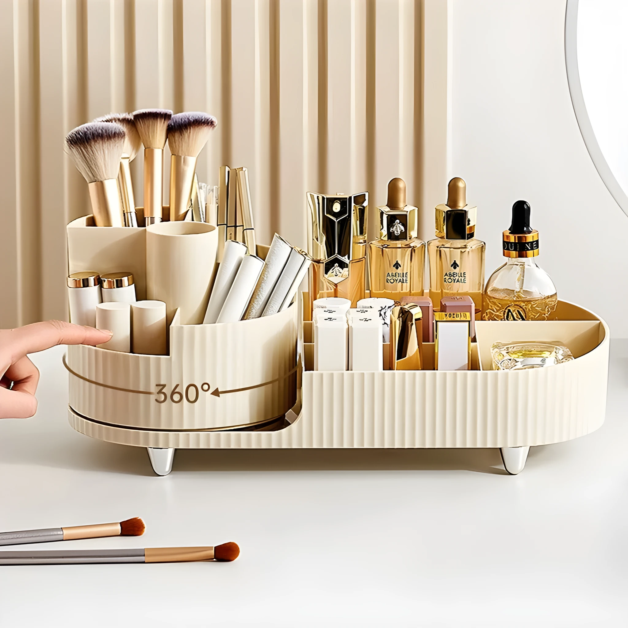 Rotating cosmetics storage box organiser for makeup brushes and cosmetics on dresser table