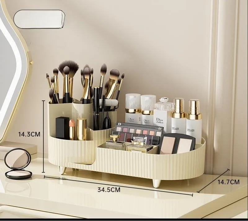 Rotating cosmetics storage box organiser for makeup brushes and cosmetics on dresser table