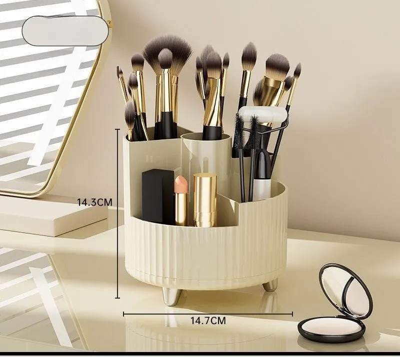 Rotating cosmetics storage box organiser for makeup brushes and cosmetics on dresser table
