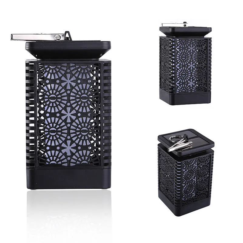Solar-powered retro-style flame garden light with ground spike for outdoor patio use