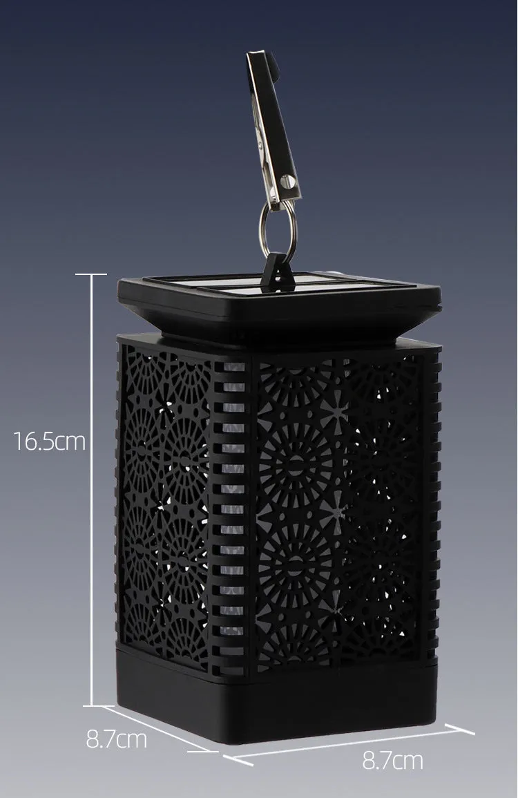 Solar-powered retro-style flame garden light with ground spike for outdoor patio use