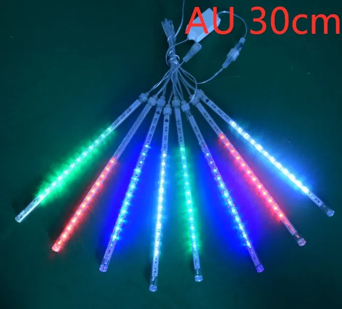 Waterproof LED meteor shower rain lights with multicolour effects in outdoor garden setting
