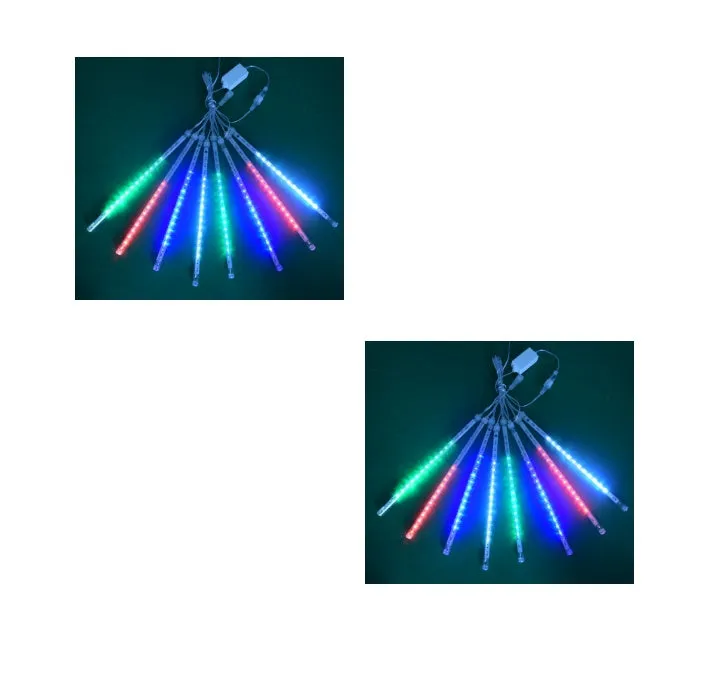Waterproof LED meteor shower rain lights with multicolour effects in outdoor garden setting