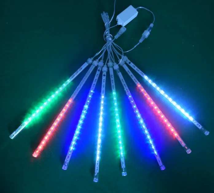 Waterproof LED meteor shower rain lights with multicolour effects in outdoor garden setting
