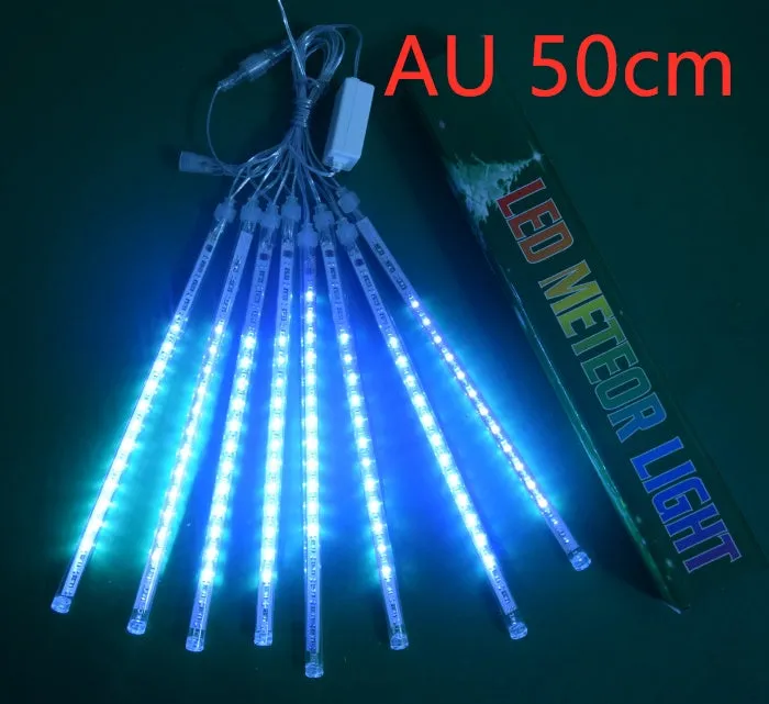 Waterproof LED meteor shower rain lights with multicolour effects in outdoor garden setting