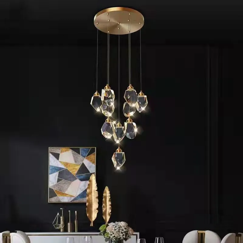 Long crane design crystal chandelier ceiling lamp for duplex stair lighting with infinite dimming