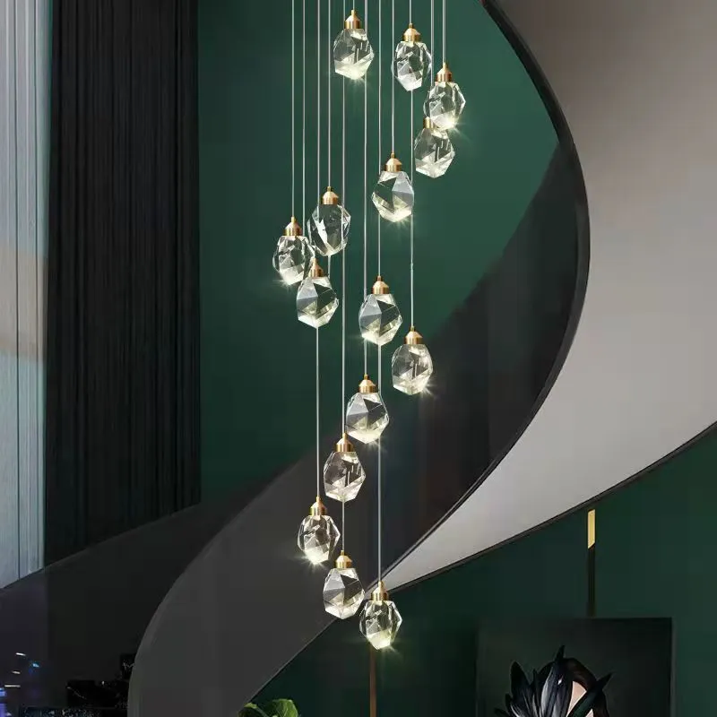 Long crane design crystal chandelier ceiling lamp for duplex stair lighting with infinite dimming