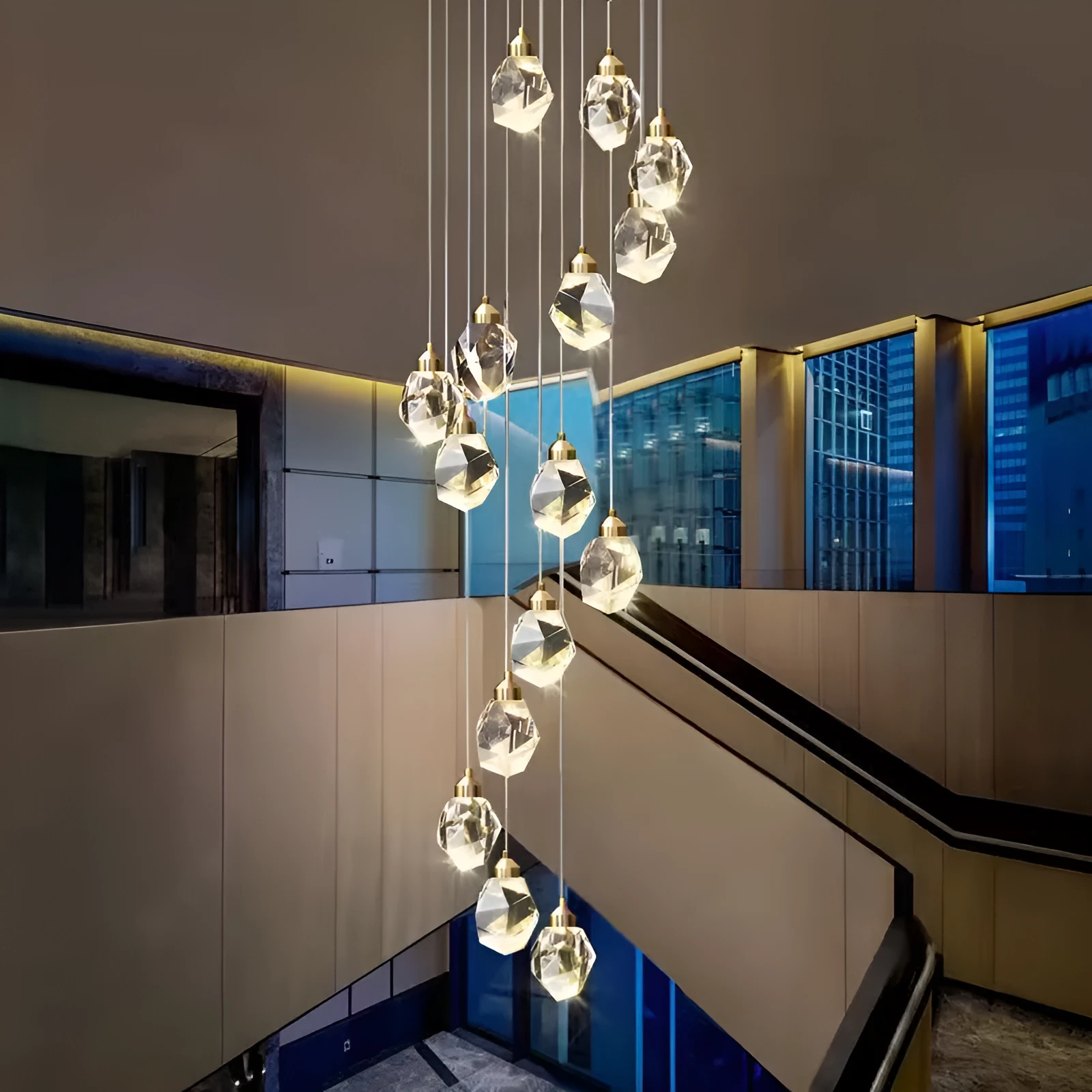 Long crane design crystal chandelier ceiling lamp for duplex stair lighting with infinite dimming