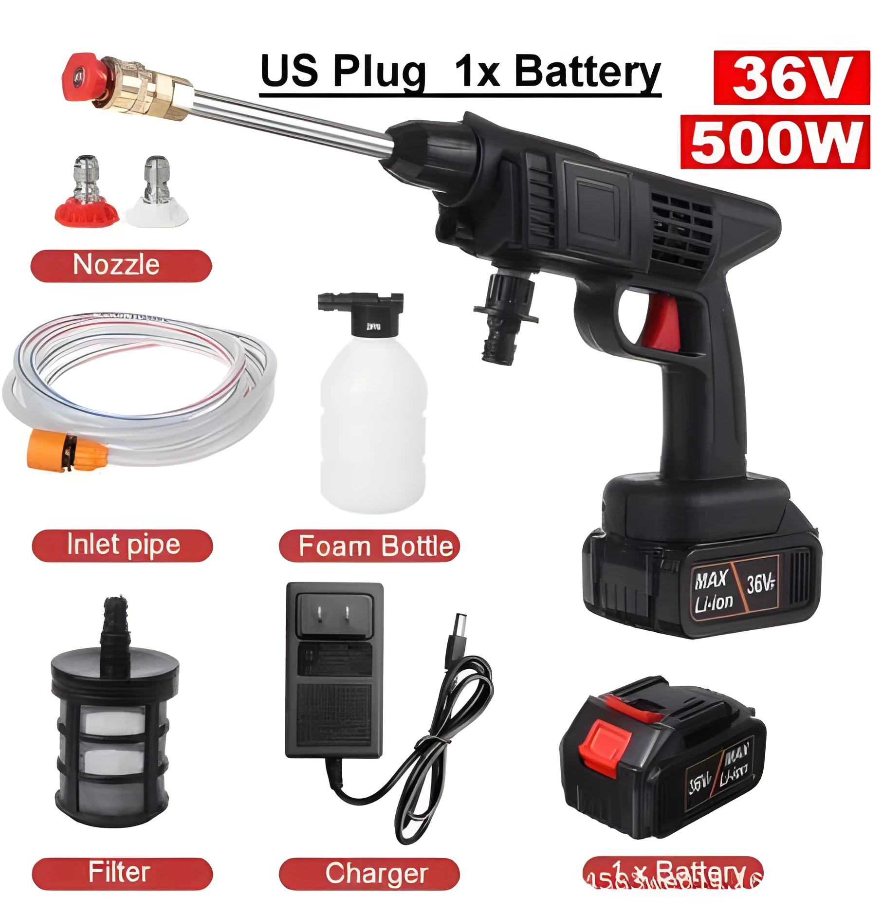 Cordless electric car pressure washer with battery, hose, foam bottle, and nozzle attachments on a driveway.