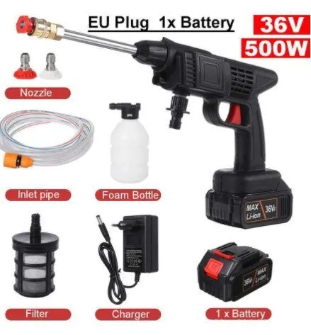 Cordless electric car pressure washer with battery, hose, foam bottle, and nozzle attachments on a driveway.