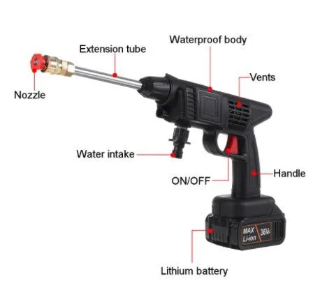 Cordless electric car pressure washer with battery, hose, foam bottle, and nozzle attachments on a driveway.