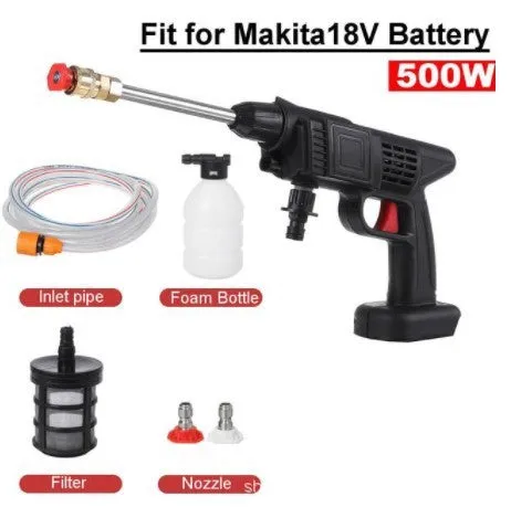 Cordless electric car pressure washer with battery, hose, foam bottle, and nozzle attachments on a driveway.