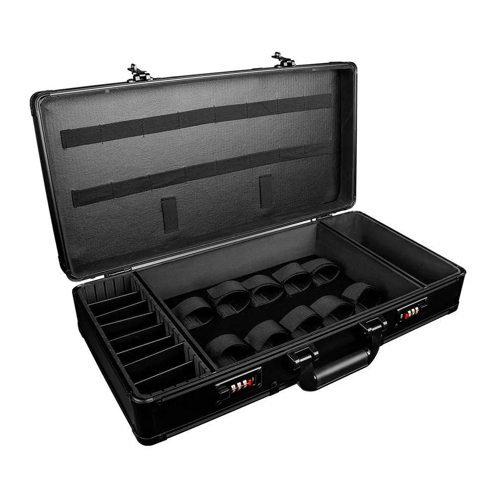 Black PVC storage case for hairdressing tools and salon cosmetics, showing its size and hard-shell construction.