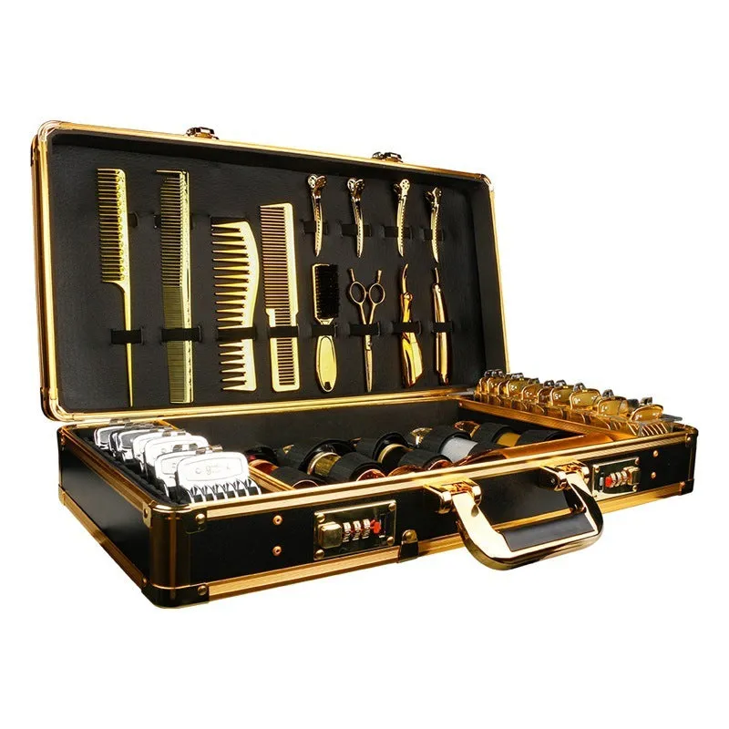 Black PVC storage case for hairdressing tools and salon cosmetics, showing its size and hard-shell construction.