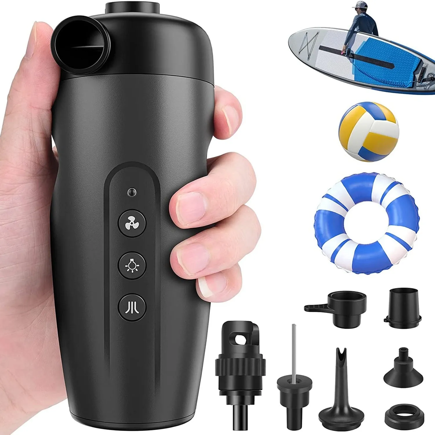 Black portable wireless electric air inflator pump with LED light on a dark background.