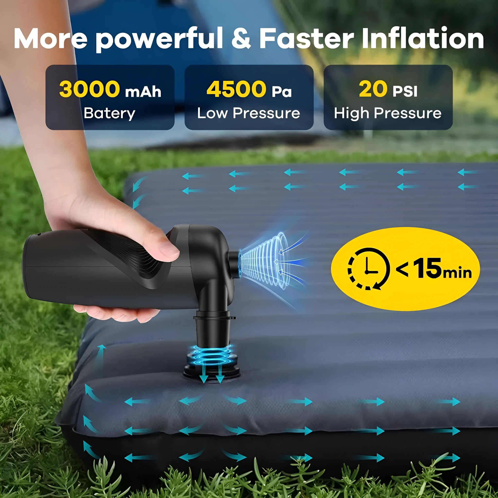 Black portable wireless electric air inflator pump with LED light on a dark background.