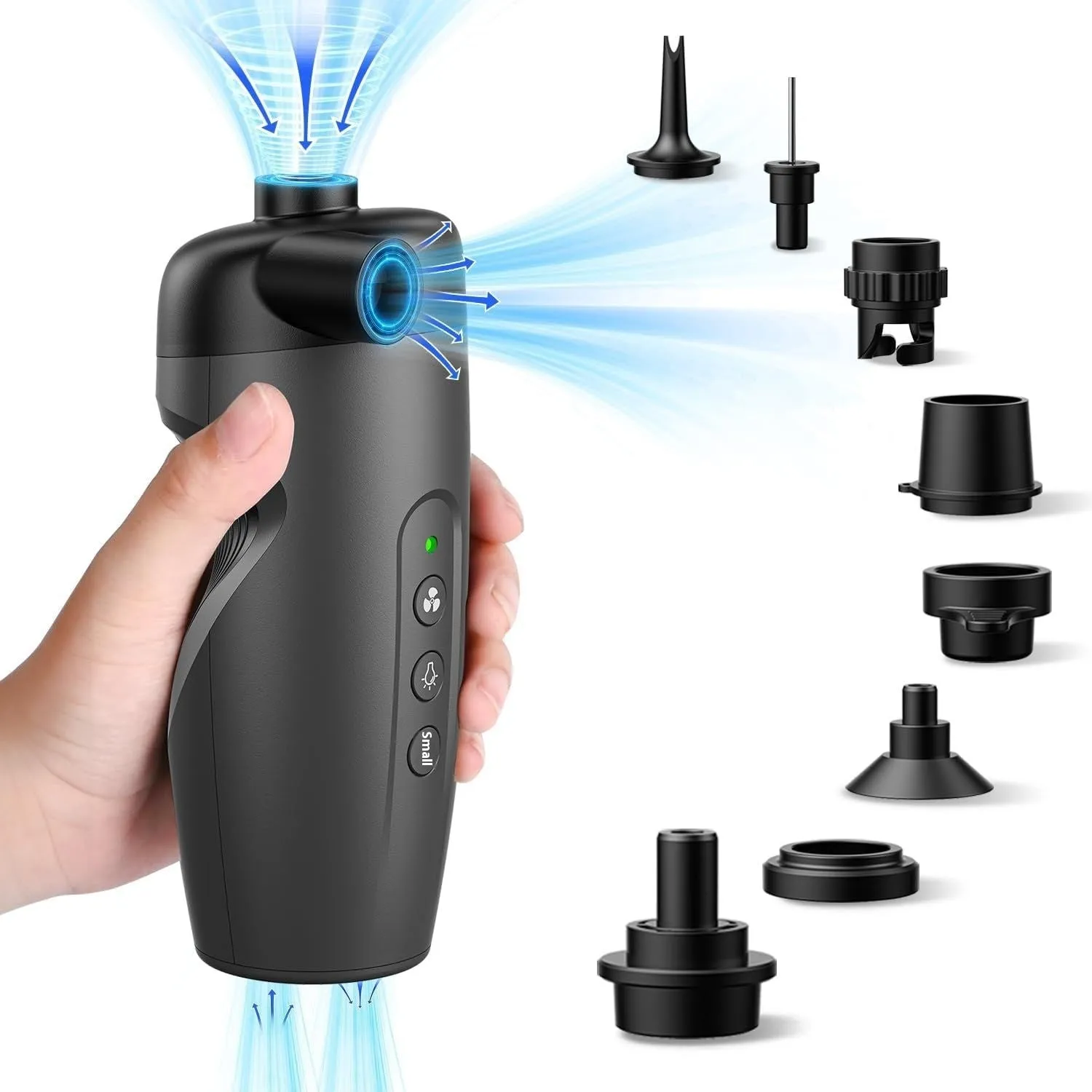 Black portable wireless electric air inflator pump with LED light on a dark background.