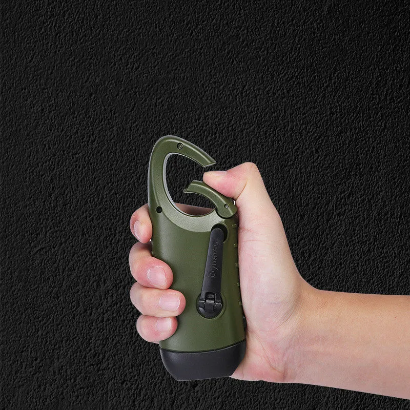 Hand-crank and solar-powered olive green LED emergency flashlight with USB charging port