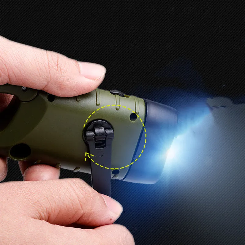 Hand-crank and solar-powered olive green LED emergency flashlight with USB charging port