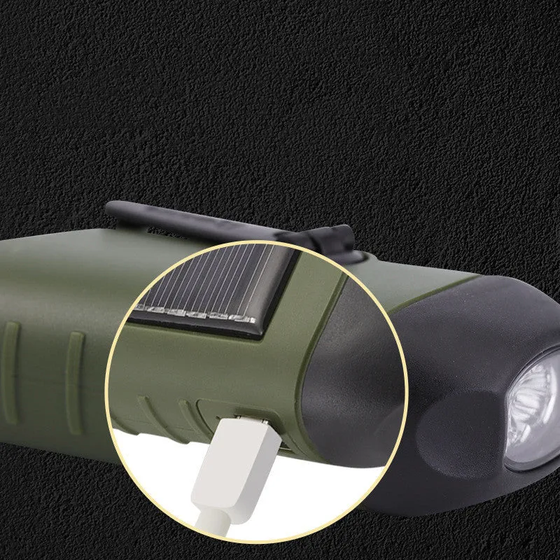 Hand-crank and solar-powered olive green LED emergency flashlight with USB charging port