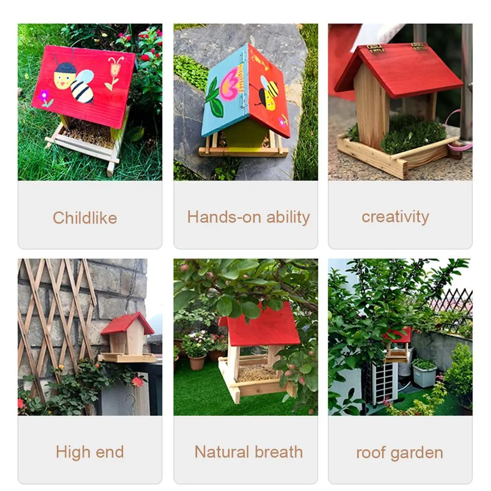 Suspended pine wood bird feeder with a red roof and log texture.