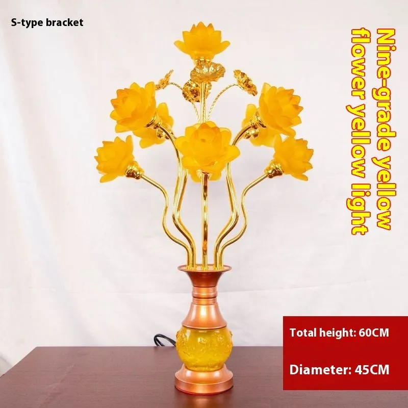 Coloured glaze pink and yellow LED lotus lantern for Buddha worship on an alloy stand.
