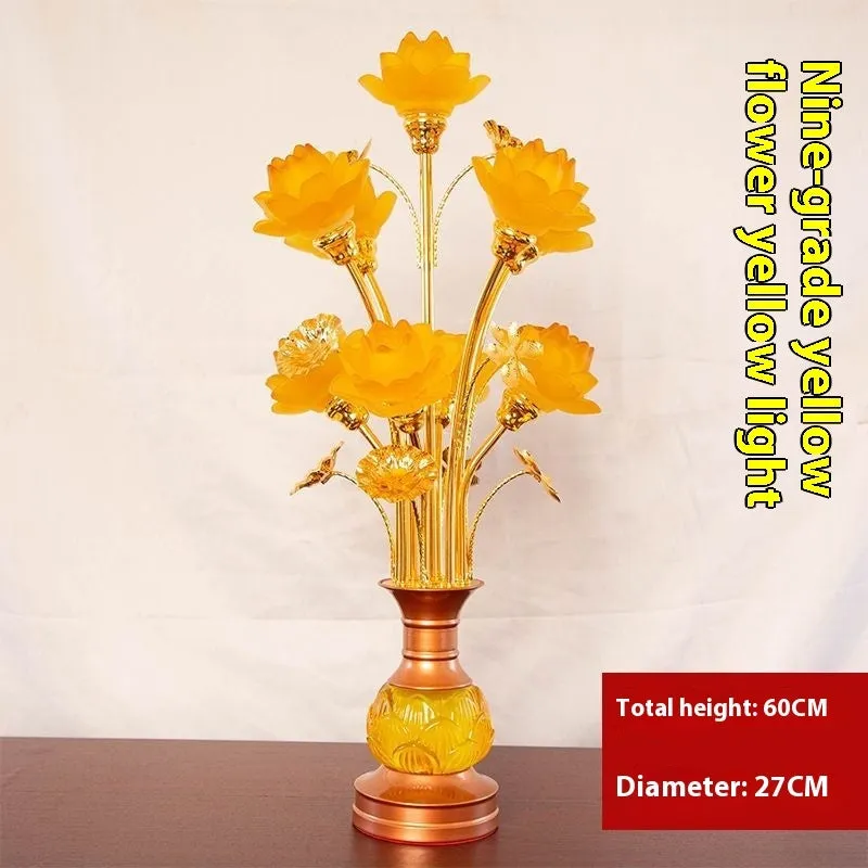 Coloured glaze pink and yellow LED lotus lantern for Buddha worship on an alloy stand.