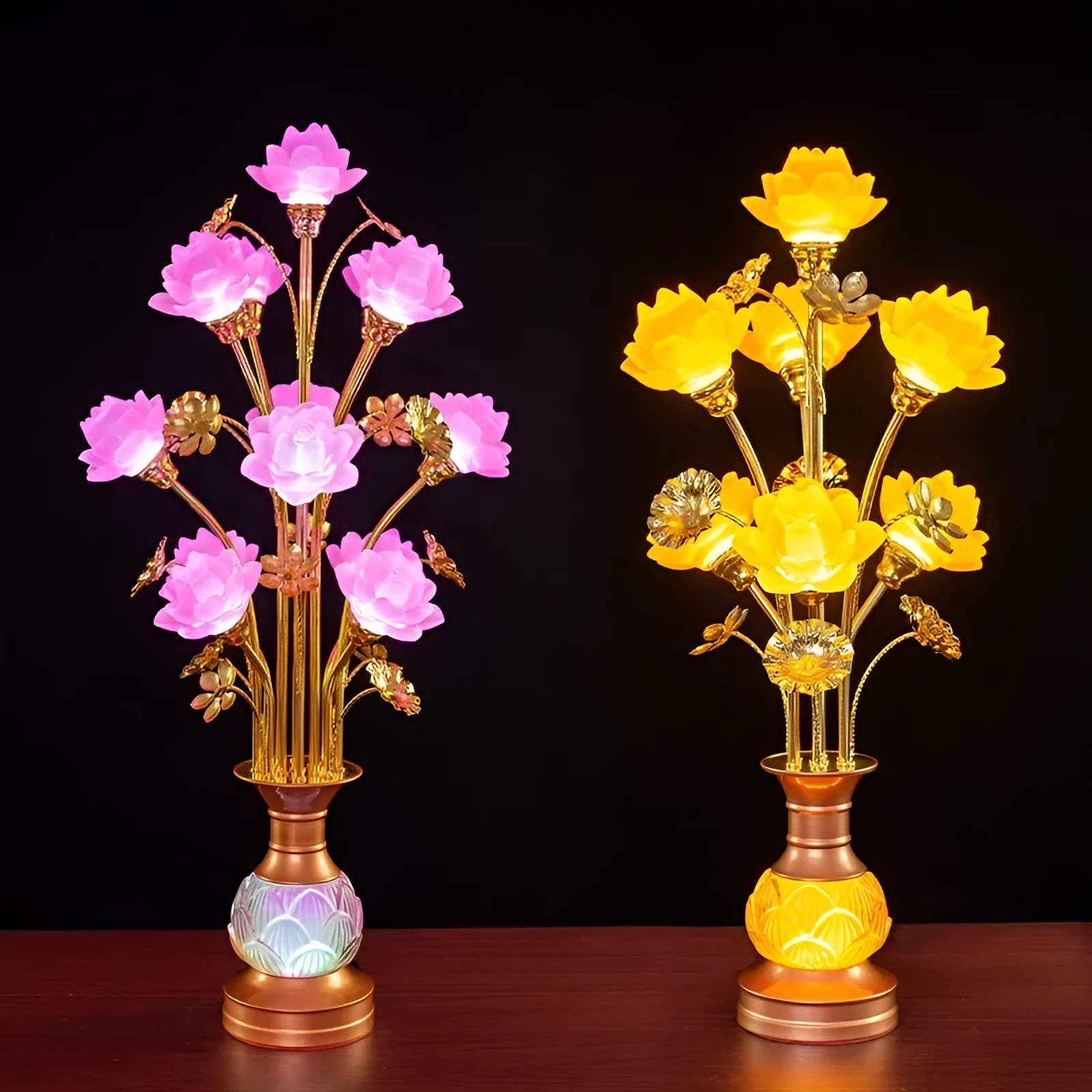Coloured glaze pink and yellow LED lotus lantern for Buddha worship on an alloy stand.