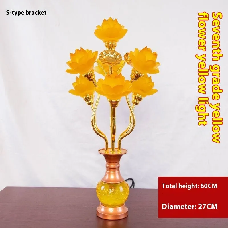 Coloured glaze pink and yellow LED lotus lantern for Buddha worship on an alloy stand.