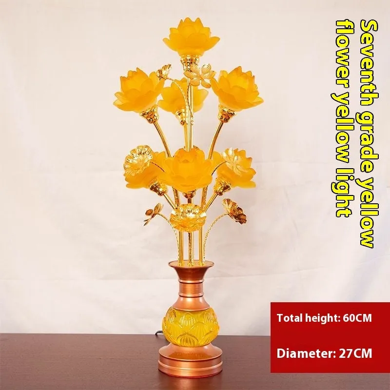 Coloured glaze pink and yellow LED lotus lantern for Buddha worship on an alloy stand.