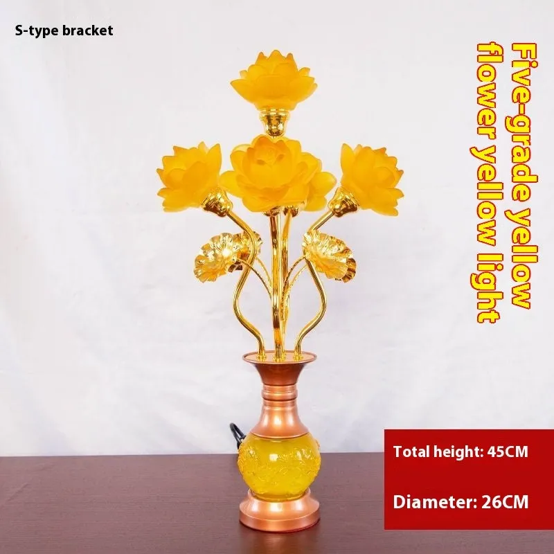 Coloured glaze pink and yellow LED lotus lantern for Buddha worship on an alloy stand.