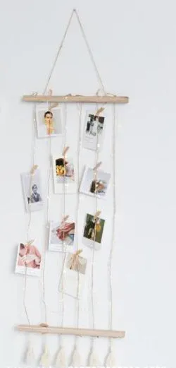 Wooden wall hanging photo display with hemp rope tassels and clips in three size options