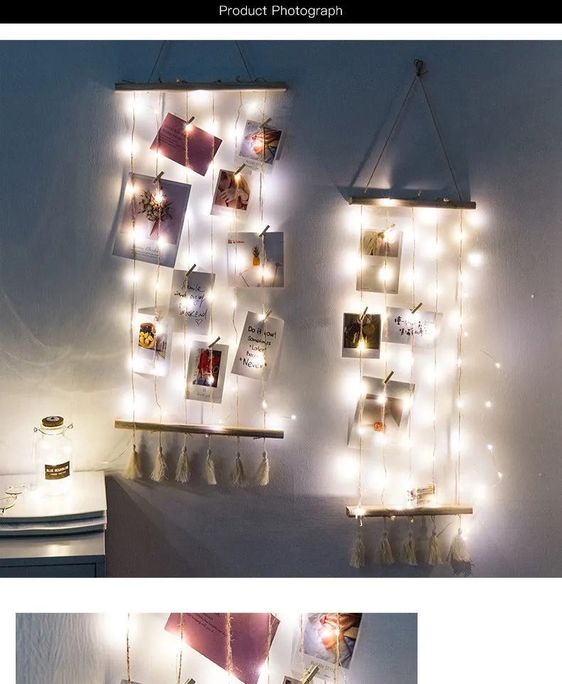 Wooden wall hanging photo display with hemp rope tassels and clips in three size options