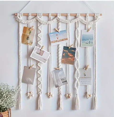 Wooden wall hanging photo display with hemp rope tassels and clips in three size options