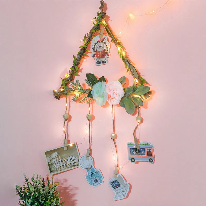 Wooden wall hanging photo display with hemp rope tassels and clips in three size options