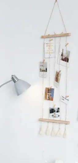 Wooden wall hanging photo display with hemp rope tassels and clips in three size options